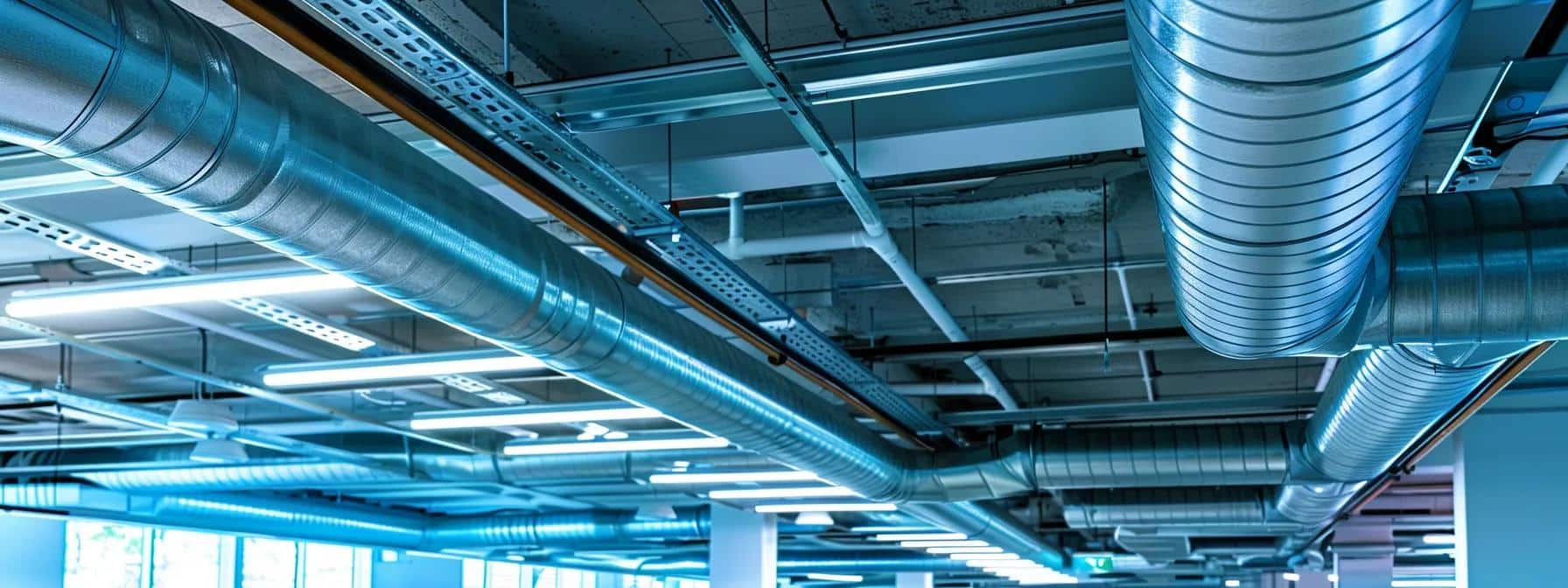 a sleek, modern office interior in melbourne showcases a sophisticated ventilation system, featuring polished ductwork and ambient lighting that highlights its industrial design.