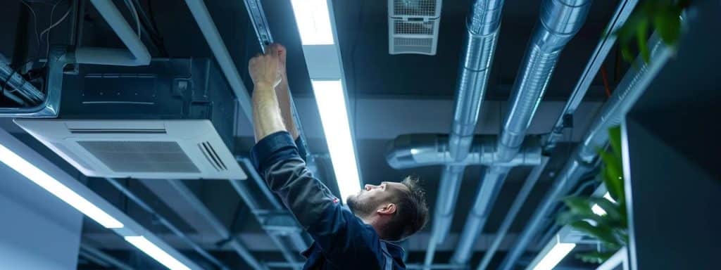 a technician meticulously adjusts components of a sophisticated ventilation system within a sleek, modern melbourne office, illuminated by bright overhead lights reflecting the urgency and precision of the installation process.