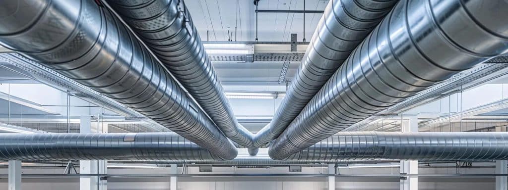 a sleek, modern office space in melbourne showcases a sophisticated commercial ventilation system, featuring extensive ductwork and strategically placed vents that enhance the airy atmosphere while accommodating the bustling activity of employees and equipment.