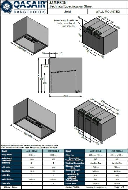 1000mm Twin Motor Wall mounted Rangehood, Back Ducted, LED Lights