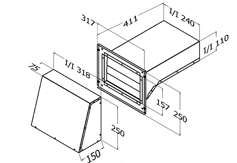 Back Draft Wall Vent & Cover Single Motor Horizontal Kit assembled as one piece