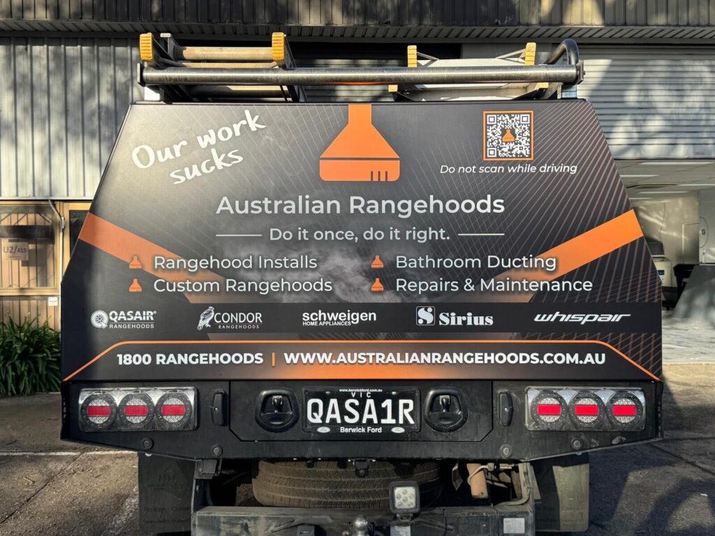 Australian Rangehoods ute canopy showing our services and brands